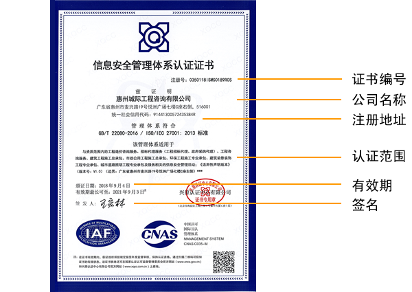 ISO27001认证证书